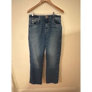 ZARA High Waisted Straight Leg Crop Jeans Blue Denim Frayed Hem Size‎ 8